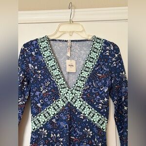 NEW NWT Free People XS Boho Blue Bodysuit Top shirt Extra Small festival floral